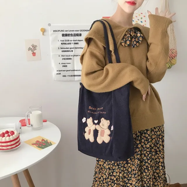Corduroy One Shoulder Canvas Bag Wild Bear Embroidery Bag Blue - Shop at LoveMi