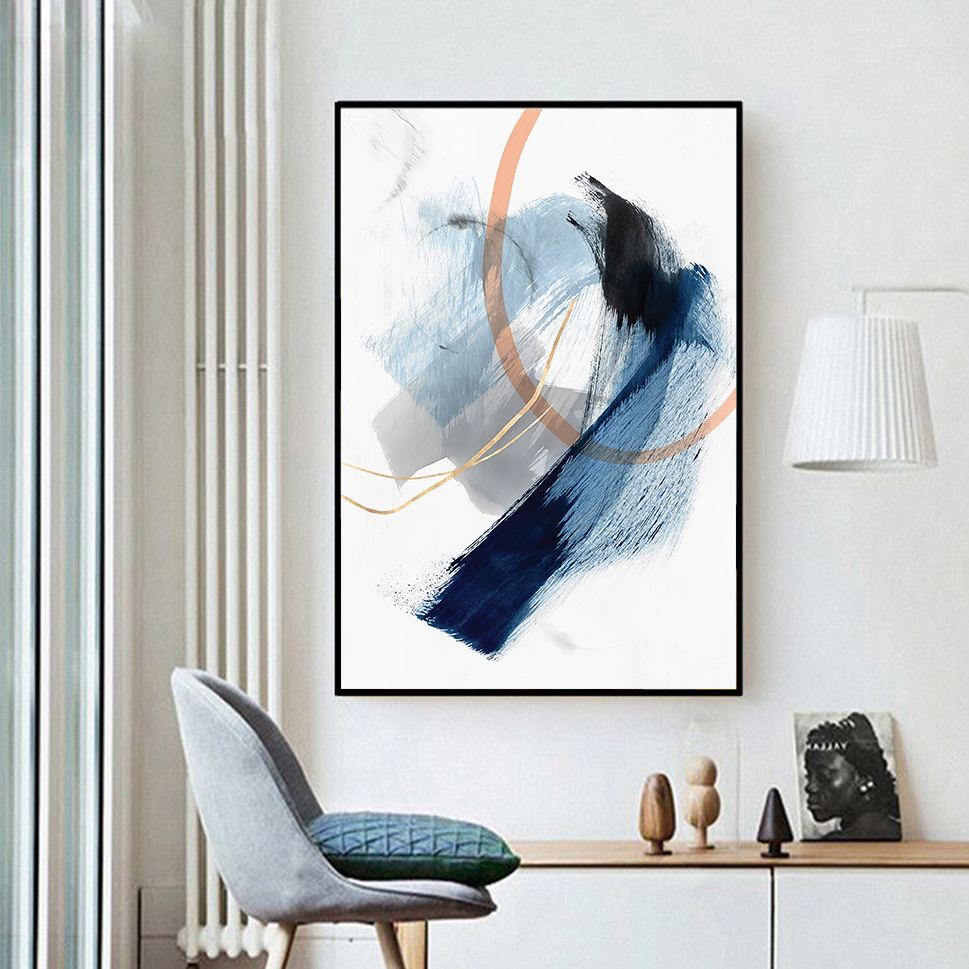 Modern Abstract Blue Splash Ink Drawing Brushed Textile Canvas 