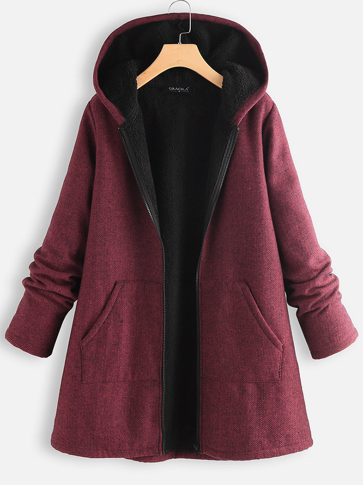 New Solid Color Hooded Warm Cotton Jacket With Pockets
