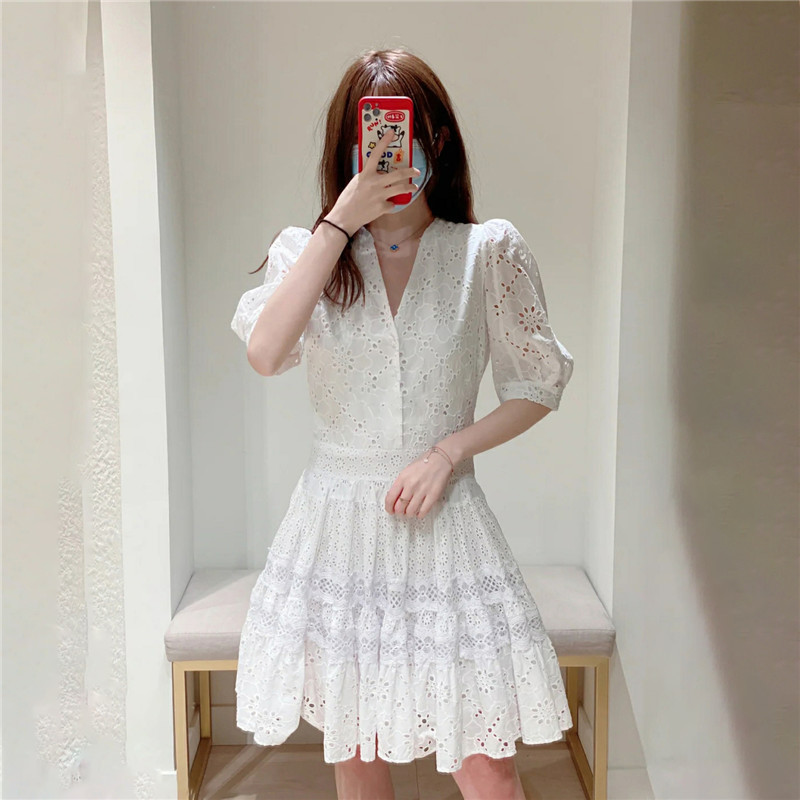 Puff Sleeve Embroidered Cutout Lace Dress — image 1