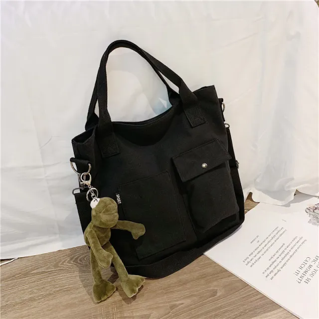 Foreign Style Canvas Bag Large Bag Women's New Fashion Korean Versatile Messenger Bag Large Capacity Single Shoulder Bag Handbag Black - Shop at LoveMi