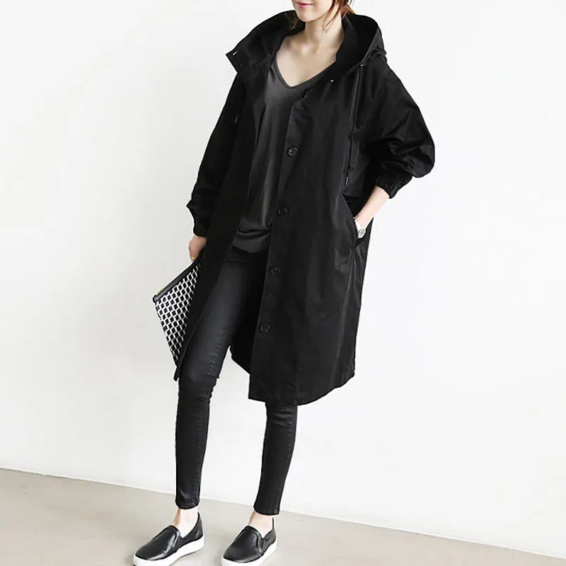 Oversized Women's Korean Style Slim Windbreaker - Black