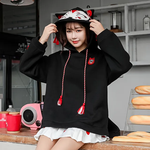 Two Dimensional Cat Ears Hooded Plus Fleece Sweater Black - Shop at LoveMi