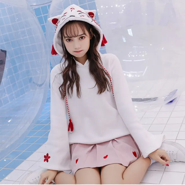 Two Dimensional Cat Ears Hooded Plus Fleece Sweater White - Shop at LoveMi