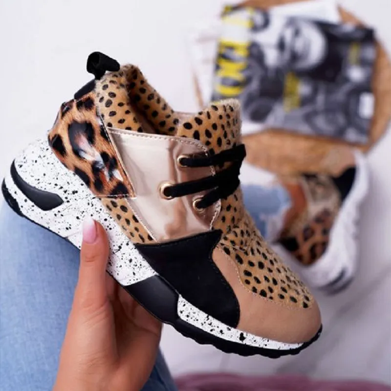 Sneakers Color Matching Increased Flat Bottom High-top Leopard Print Trend Single Shoes - Leopard