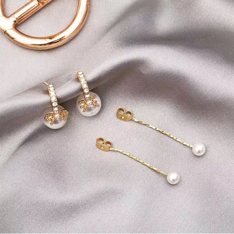 S925 Silver Needle Korean Version Of A Small  One With Two Bows And Pearl Earrings Female Long Temperament Tassel Earrings
