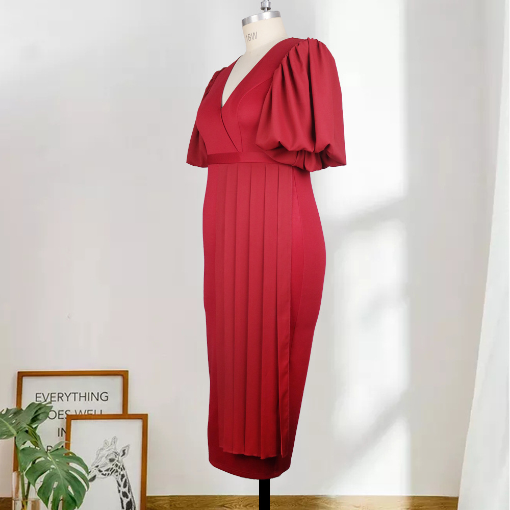 Lantern-Sleeve Pleated Long Dress