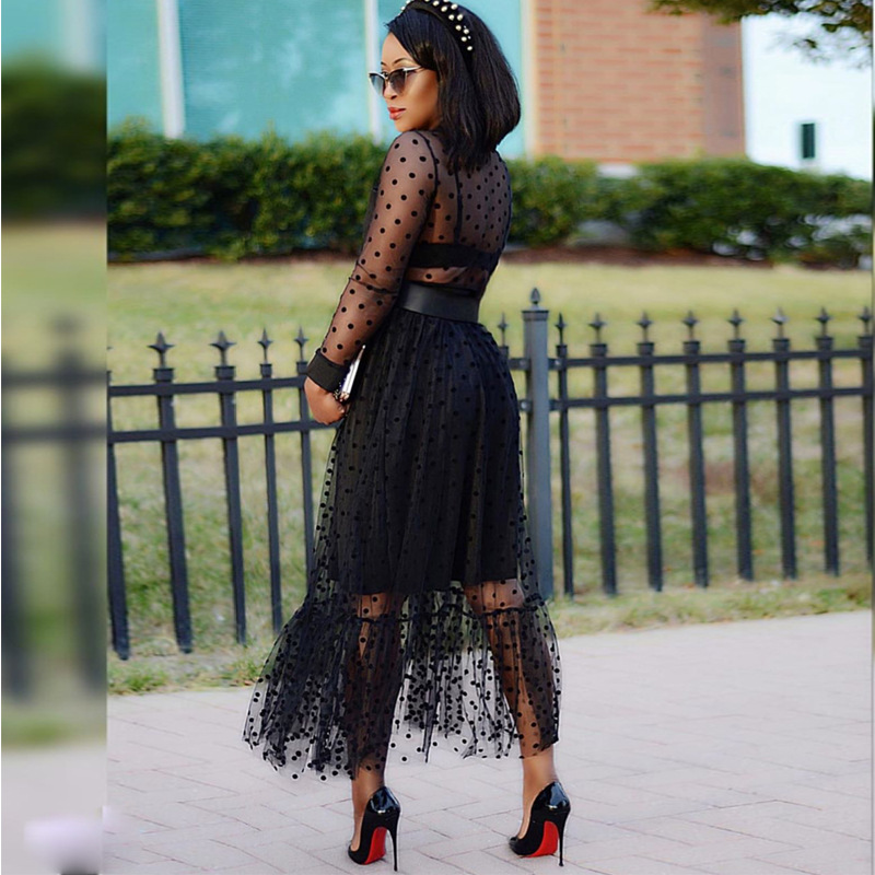 Sexy See-Through Mesh Polka Dot Blouse, High Waist And Large Skirt