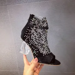 Mesh Buckle Roman Crystal Chunky Heel Sandals - Black - View 1