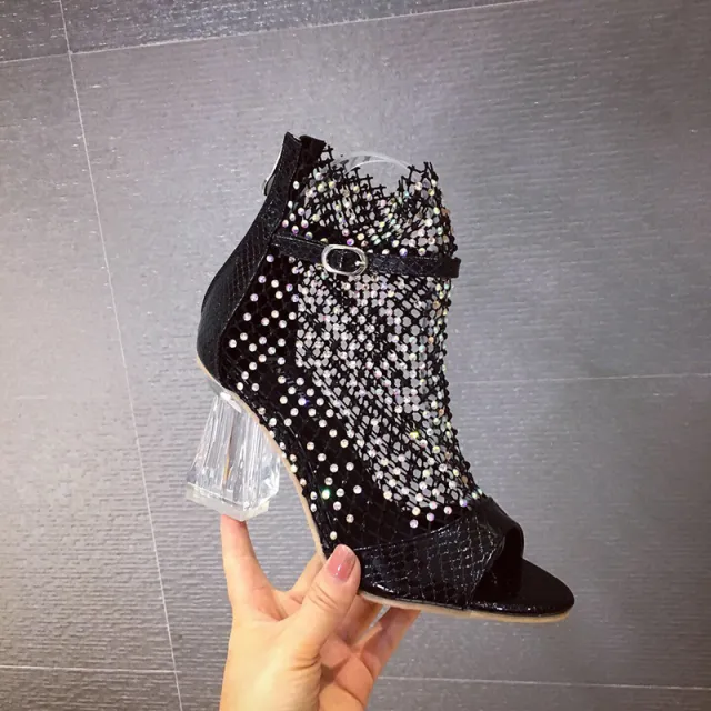 Mesh Buckle Roman Crystal Chunky Heel Sandals Black - Shop at LoveMi