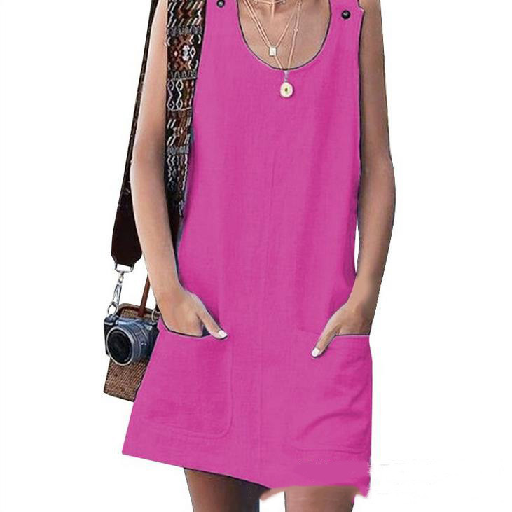 Summer New Style Women's Pocket Button Cotton And Linen Strap Dress