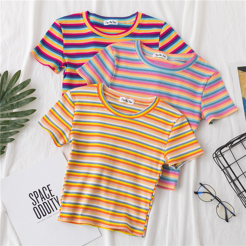 Title 2, Crop T-shirt Women Short Short Sleeve Rainbow S...