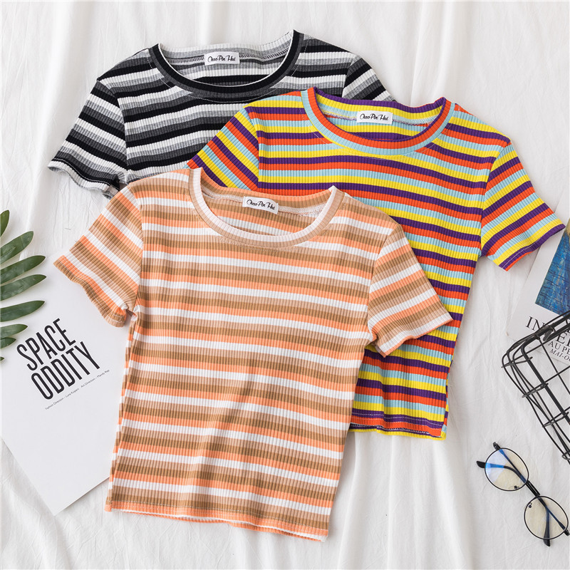 Crop T-shirt Women Short Short Sleeve Rainbow Stripe Tight Navel Small Shirt New HyunA Wind High Waist Top