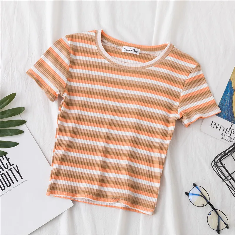 Crop T-shirt Women Short Short Sleeve Rainbow Stripe Tight Navel Small Shirt New HyunA Wind High Waist Top - 2Style