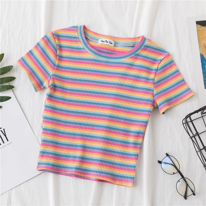 Crop T-shirt Women Short Short Sleeve Rainbow Stripe Tight Navel Small Shirt New HyunA Wind High Waist Top - 3Style