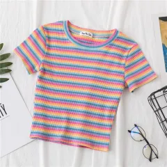 Crop T-shirt Women Short Short Sleeve Rainbow Stripe Tight Navel Small Shirt New HyunA Wind High Waist Top - 3Style - View 1