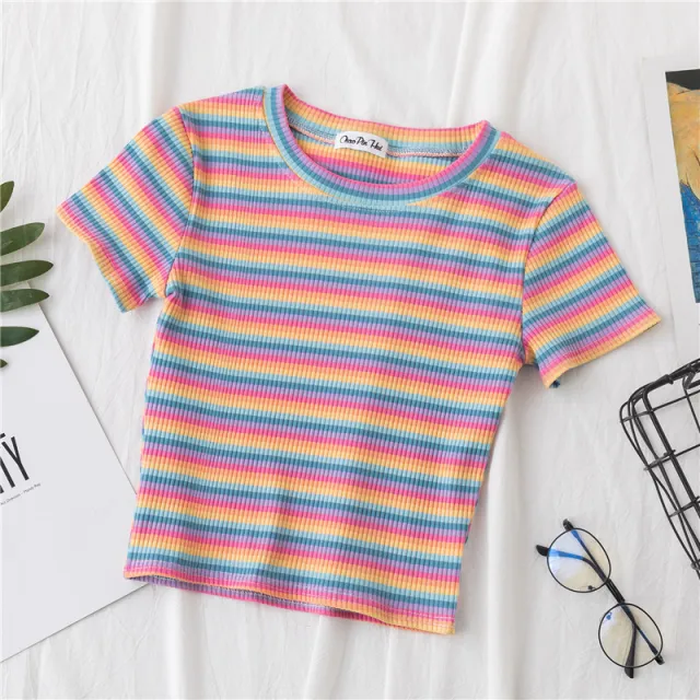 Crop T shirt Women Short Short Sleeve Rainbow Stripe Tight Navel Small Shirt New HyunA Wind High Waist Top 3Style - Shop at LoveMi