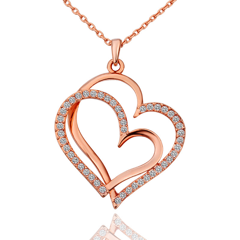 Fashion Double Heart Jewelry Korean New Style Necklace and Earrings Two-piece Set Diamond Jewelry Wholesale