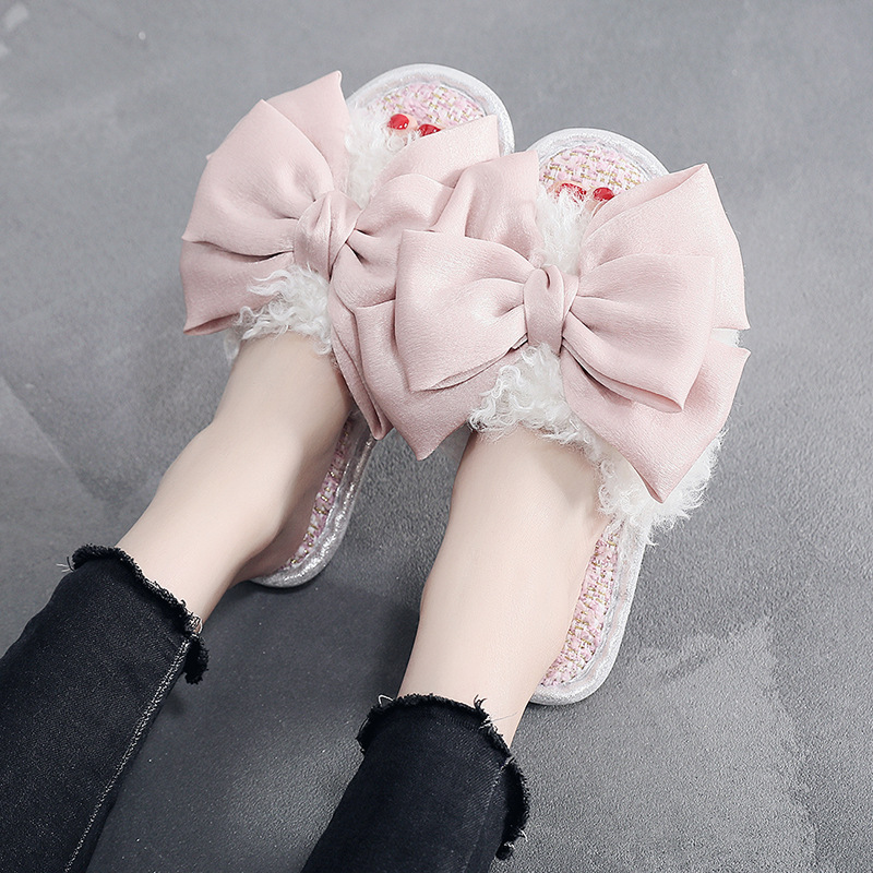Designer'S Small Curly Curly Hair Super Large Bow Plush Flip Flop Can Wear Flat Bottom Fashion Slippers