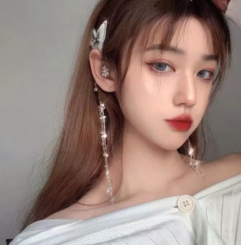 Around The Ear Earrings Female Non-Pierced Tassel Earrings Super Fairy Net Red Earrings New Wild Long Temperament