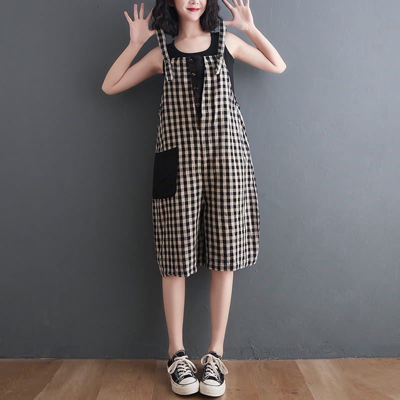 Loose And Thin Cotton And Linen Check Suspenders Five-Point Pants