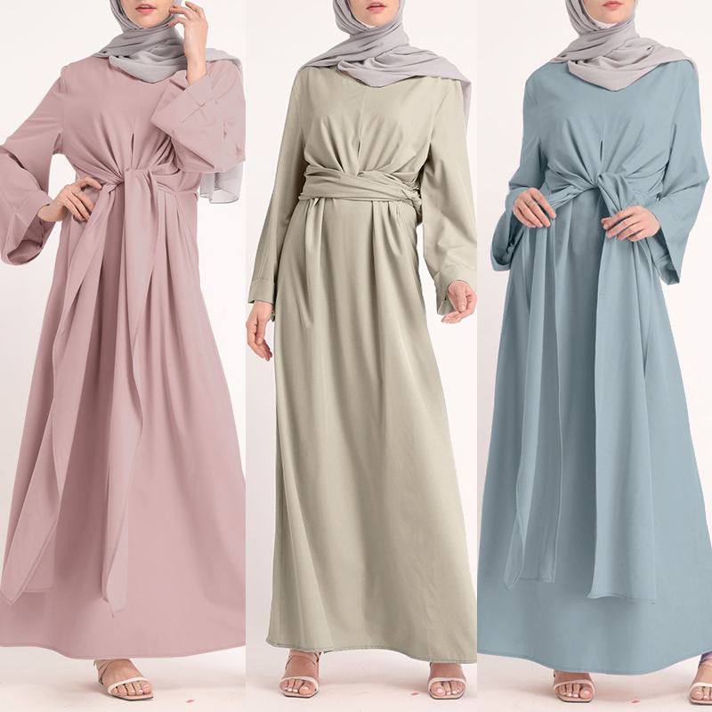 Long-Sleeved Belt Solid Round Neck Dress