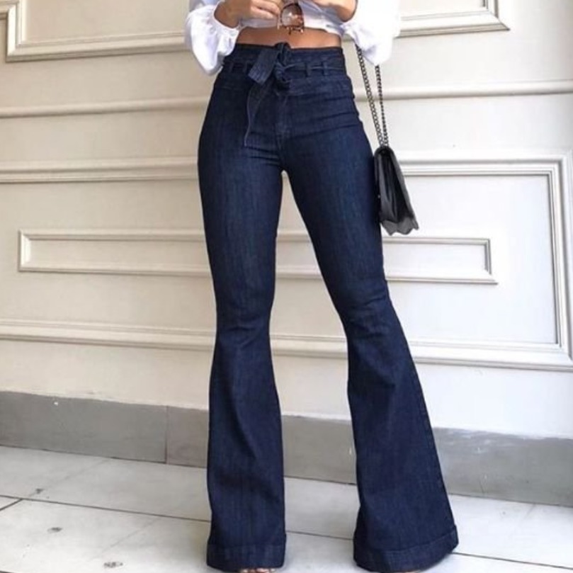 High Waisted Micro Elastic Lace Up Flared Pants Wide Leg Pants Women'S Jeans Blue - Shop at LoveMi