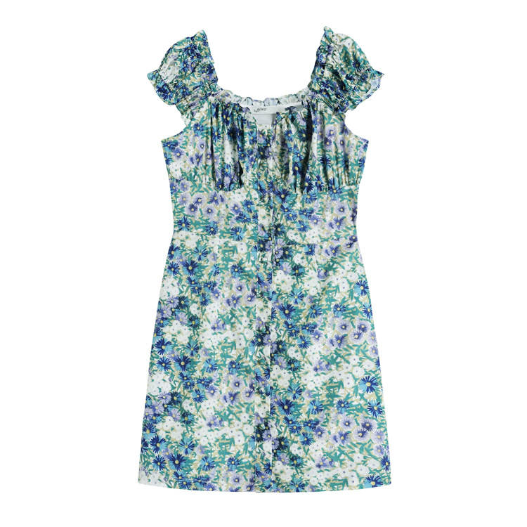 Summer French Girly Sense Of A Word Collar Retro Floral Skirt Female Niche Waist Is Thinner Square Collar Single-Breasted Dress