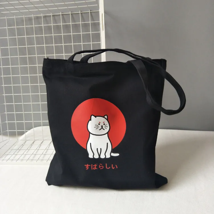Large Women's Shopper Bag Canvas Tote Korean Shoulder Bags Cat Shopping Bag with Print Black Cloth Handbags Eco Friendly - Black