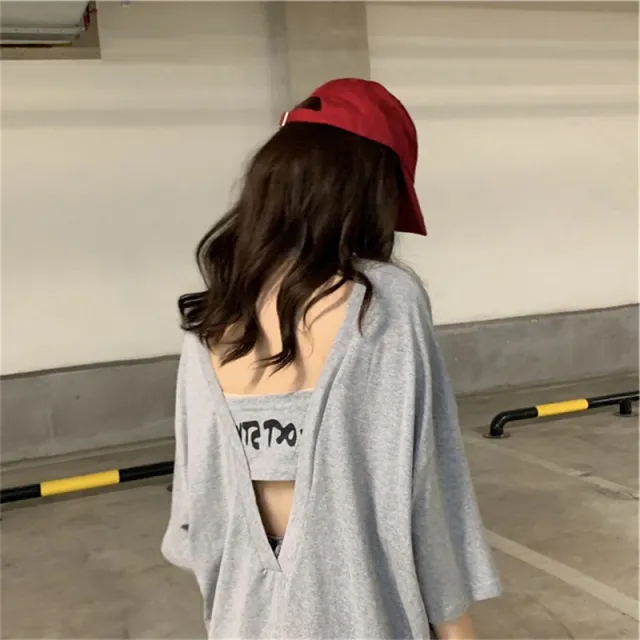 Western Style Loose Korean Halter Sexy Short sleeved T shirt Grey - Shop at LoveMi