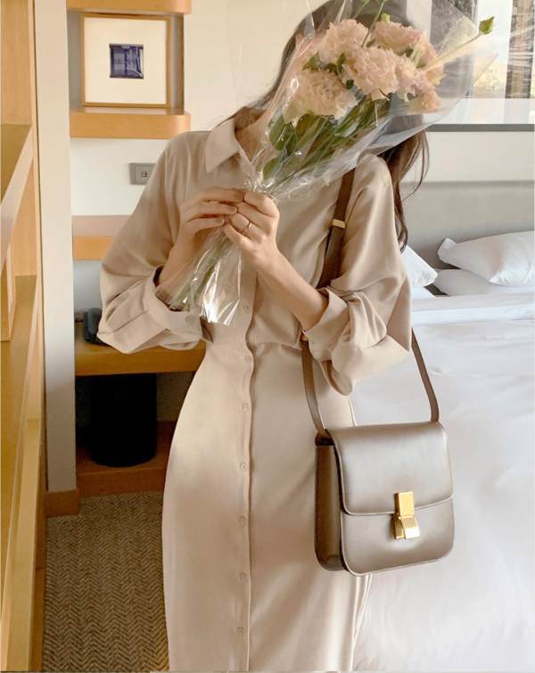  Korean Summer New Lantern Sleeve Long Sleeve Waist Belted Shirt Mid-Length Dress