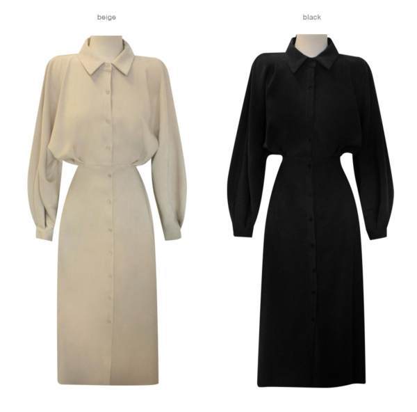  Korean Summer New Lantern Sleeve Long Sleeve Waist Belted Shirt Mid-Length Dress