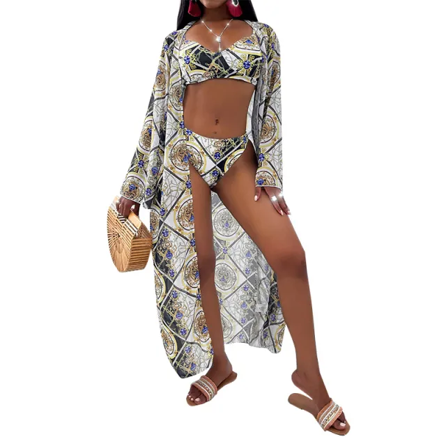 Women's Three Piece Printed Bikini Split Swimsuit Women Black - Shop at LoveMi