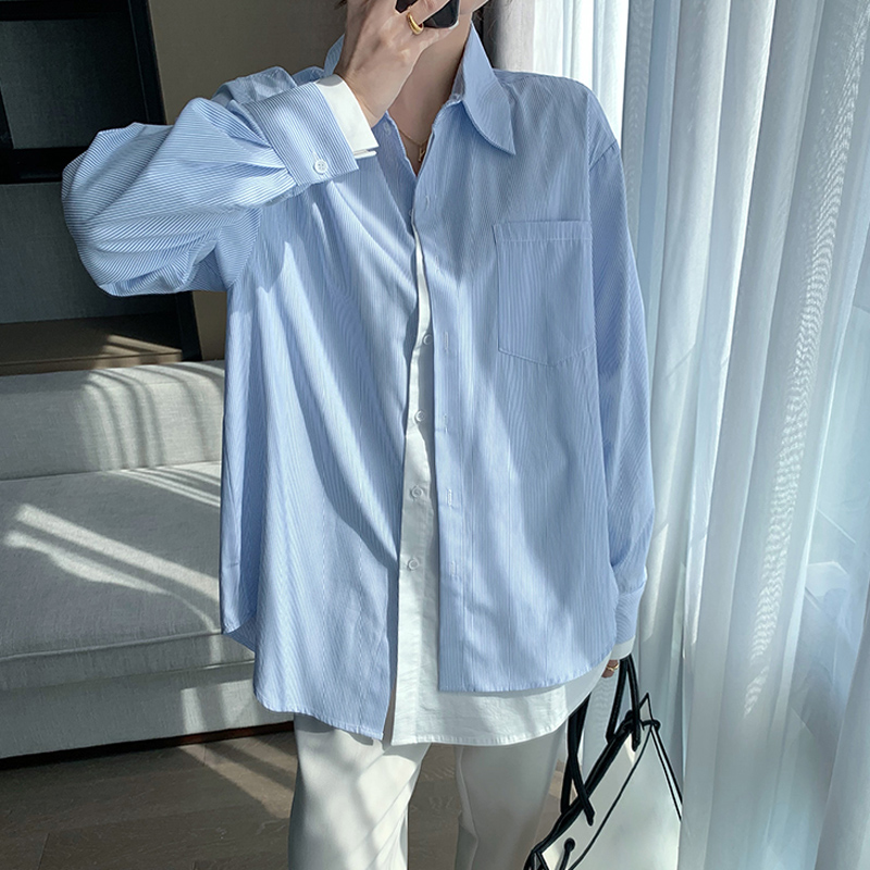 Blue And White Striped Stitching Shirt Women'S Design Sense Is Niche And Loose