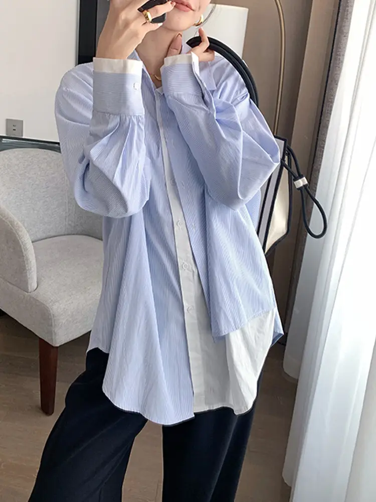 Blue And White Striped Stitching Shirt Women'S Design Sense Is Niche And Loose