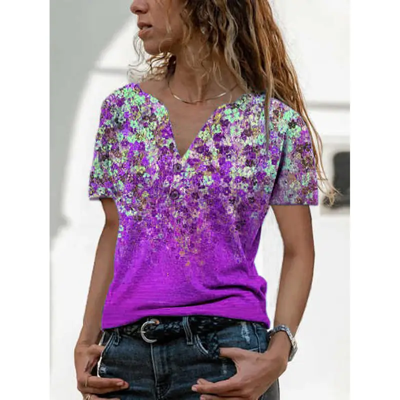 V-neck Button Casual Printed T-shirt