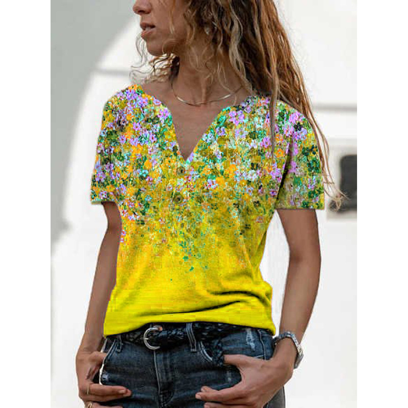 V-neck Button Casual Printed T-shirt