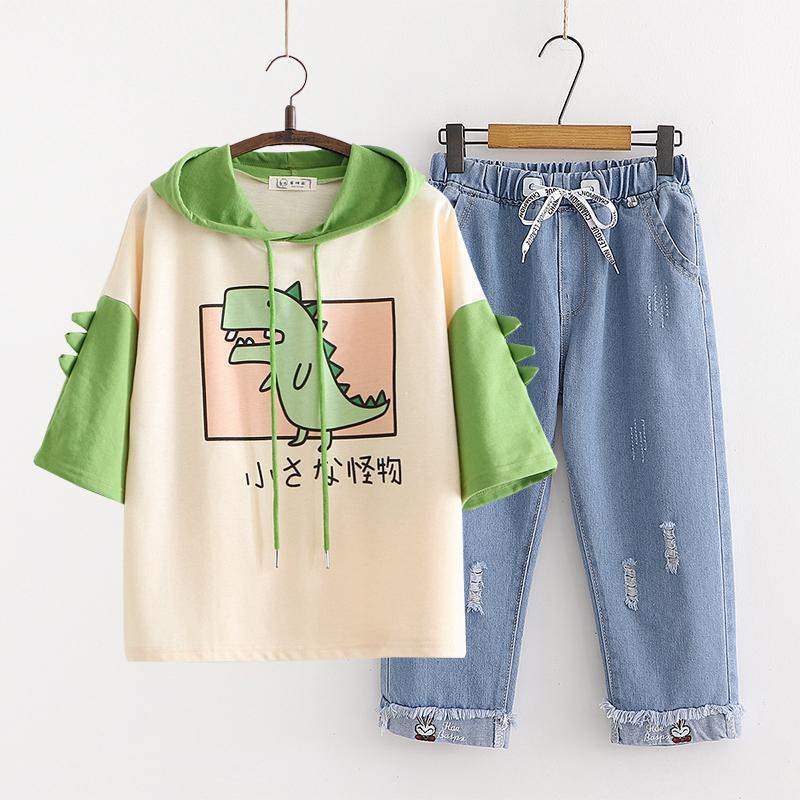 Hooded Short-Sleeved T-Shirt   Denim Cropped Pants Two-Piece Casual Girl