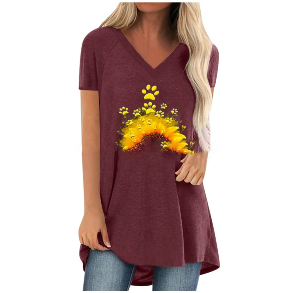 Summer New Fashion Ladies Short-Sleeved Printing Loose-Type Mid-Length Hedging - Red
