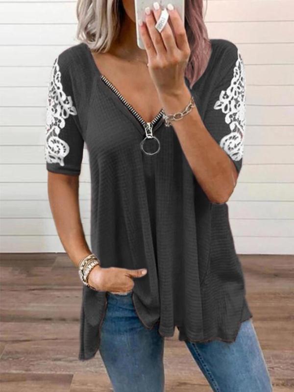 Low-cut V-neck Zipper Stitching Lace Short Sleeves