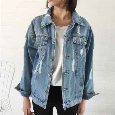 All-match Casual Loose Women's Denim Jacket With Washed Water And Worn Out