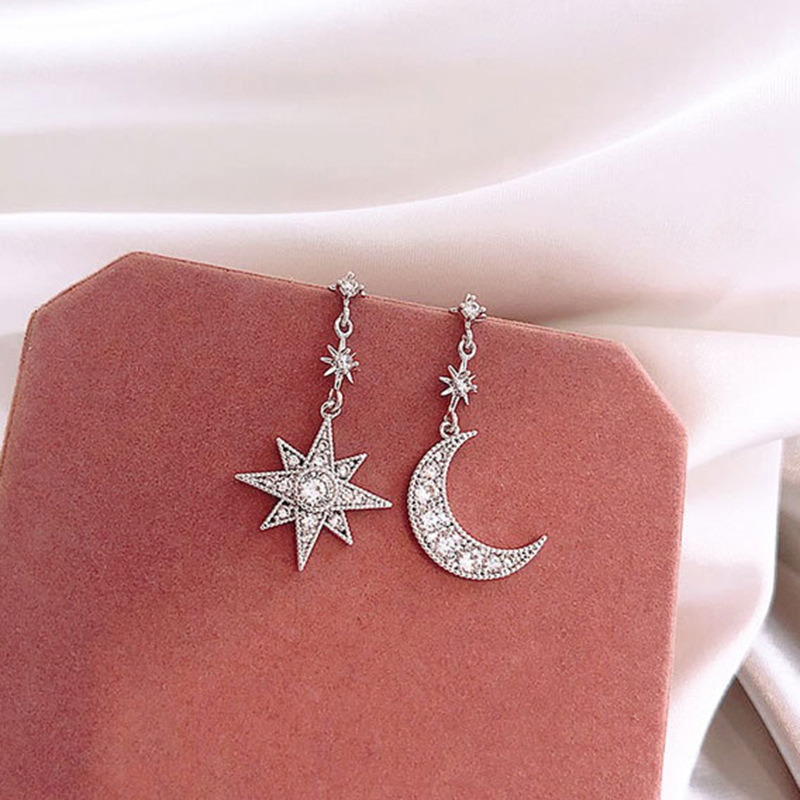 Cross-Border Accessories Personality Asymmetrical Star And Moon Earrings Female Micro-Inlaid Zircon Earrings Earrings Wholesale Jewelry