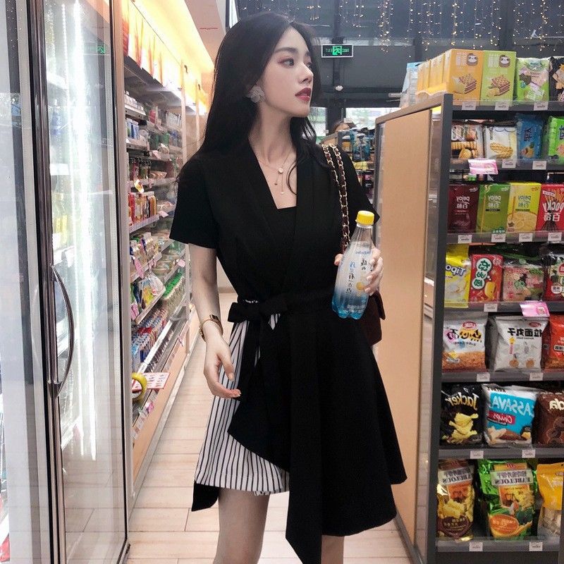 Fat Sister Fashion New Striped Stitching V-Neck Irregular Temperament Dress