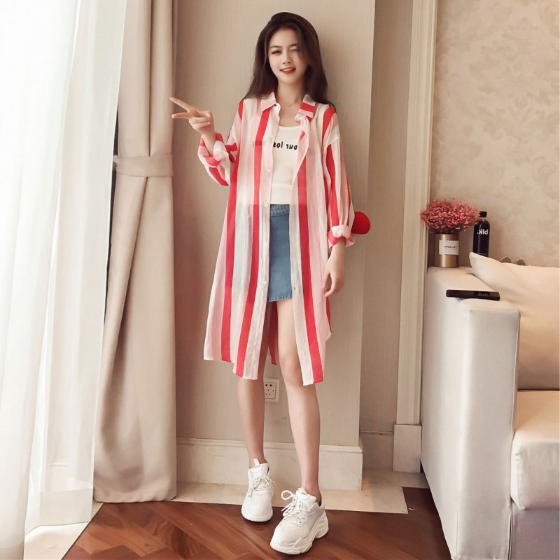 Cotton Hemp Sunscreen Shirt Women'S Long Sleeve Summer Korean Loose Medium Length Cardigan Striped Shirt Versatile Shawl Thin Coat