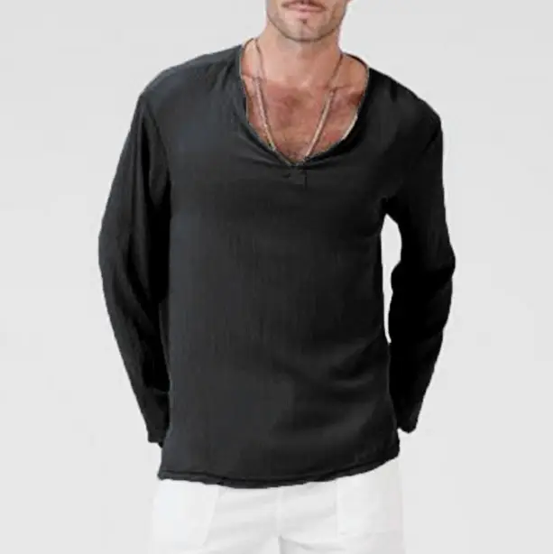 Linen Ethnic Style Loose Men'S V-Neck Solid Color Long-Sleeved T-Shirt