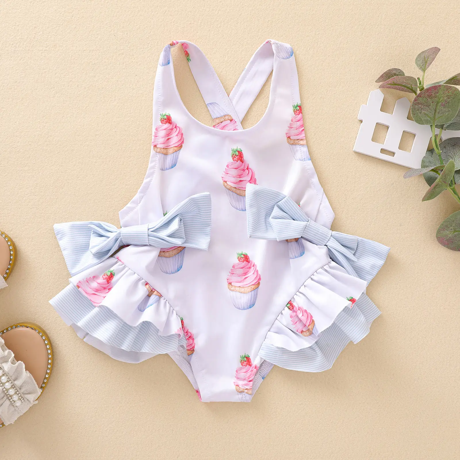 Summer Children'S Clothing Cake Print Back Cross Double Bow Swimsuit Big Back Lace One-Piece