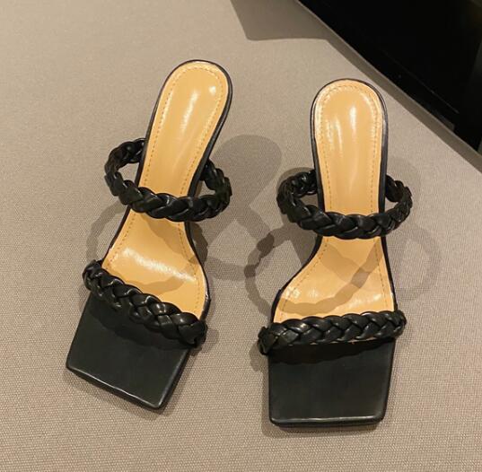 Femmes Pantoufles Tisser Mode Talon Diapositives Dames Minces Talons Hauts Sandales Femme Pantoufles Chaussures Nouvelle Femme Tongs Chaussures Black - Shop at LoveMi