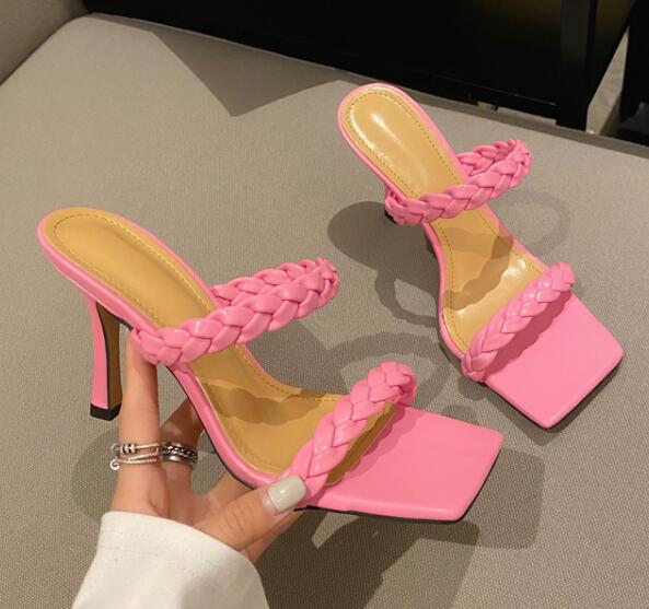 Femmes Pantoufles Tisser Mode Talon Diapositives Dames Minces Talons Hauts Sandales Femme Pantoufles Chaussures Nouvelle Femme Tongs Chaussures Red - Shop at LoveMi