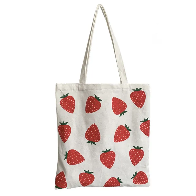 Large Capacity Strawberry Print Canvas Bag Beige - Shop at LoveMi