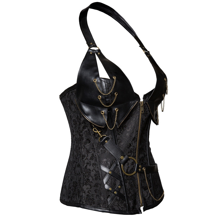 Title 5, Punk Leather Corset With Belt Halter Shape Body